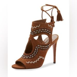 Aquazzura Sexy Thing Suede Heels Cutout Tie Back Open Toe Tan Size 38.5 US 8.5